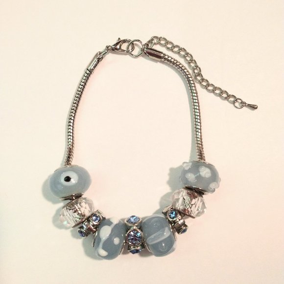Charm Bracelet Light Blue Polka Dots Glass Metal Lined - Picture 1 of 1